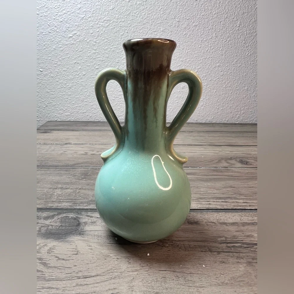 Title: Vintage Green & Brown Drip Glaze Ceramic Vase Double Handle 4.5